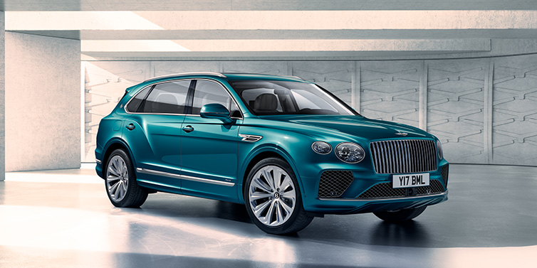Bentley Seoul Bentley Bentayga Extended Wheelbase Azure SUV front three quarter in Topaz blue paint colour with a grey background